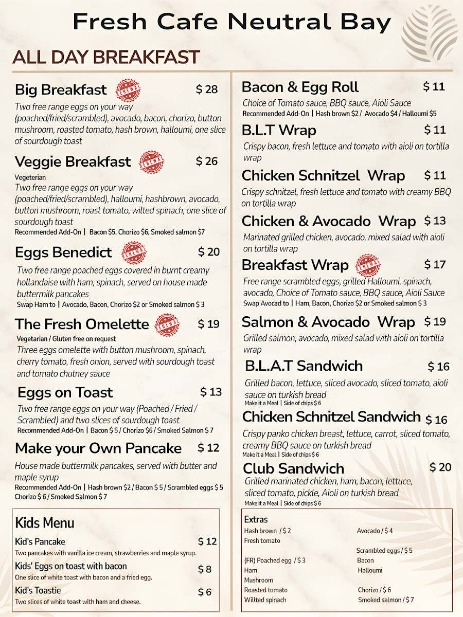 Menu, Fresh Cafe Neutral Bay