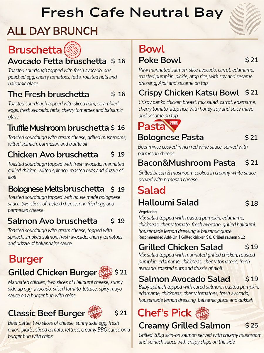 Menu, Fresh Cafe Neutral Bay