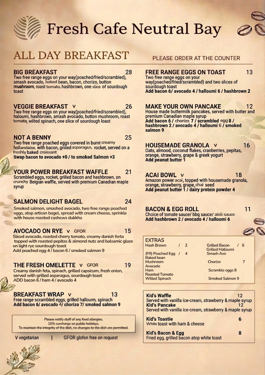 Menu, Fresh Cafe Neutral Bay