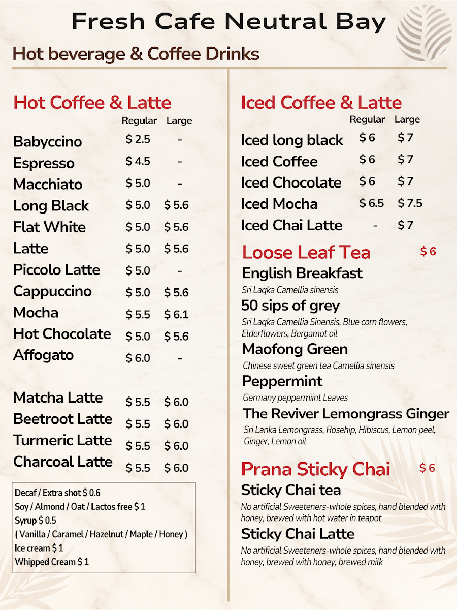 Menu, Fresh Cafe Neutral Bay