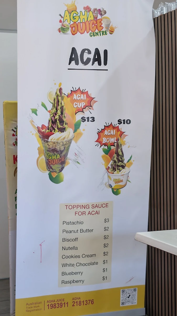 Menu, Agha Juice Clayton