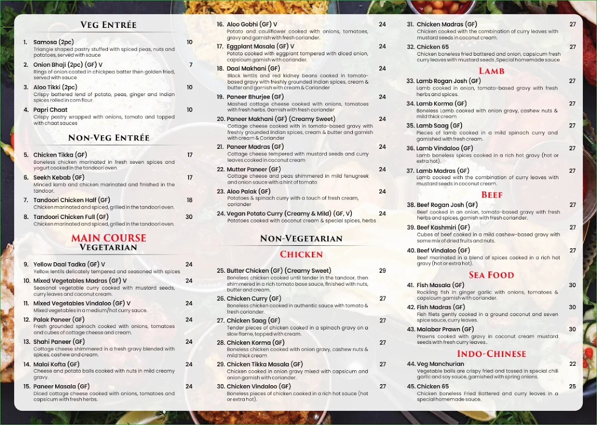 Menu, Grace of Spice Indian Restaurant