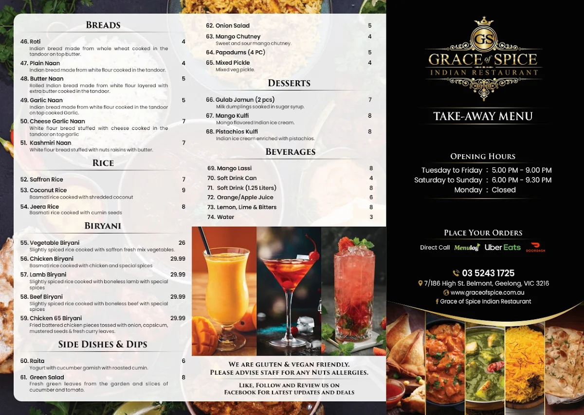 Menu, Grace of Spice Indian Restaurant