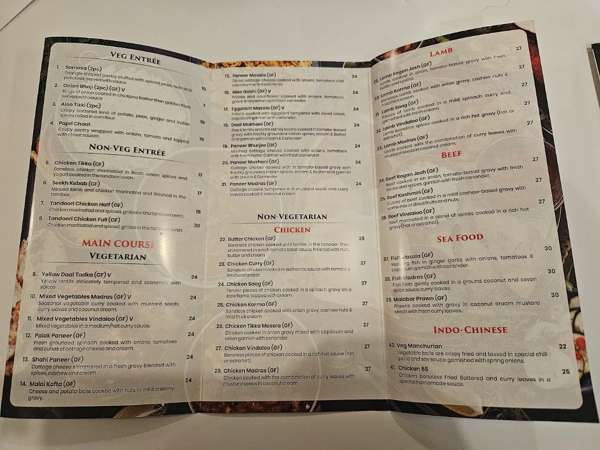 Menu, Grace of Spice Indian Restaurant