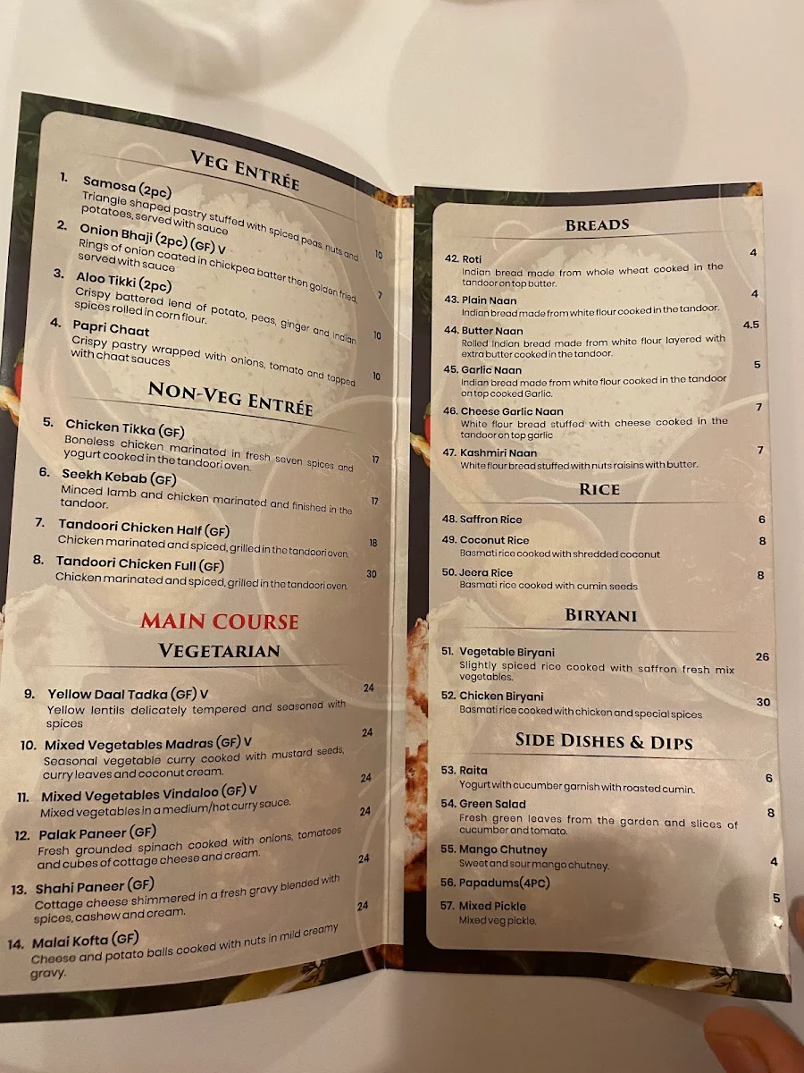 Menu, Grace of Spice Indian Restaurant