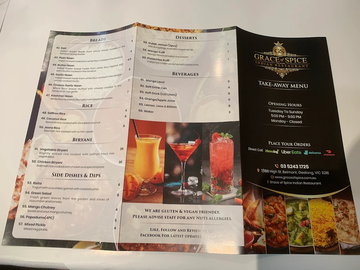 Menu, Grace of Spice Indian Restaurant