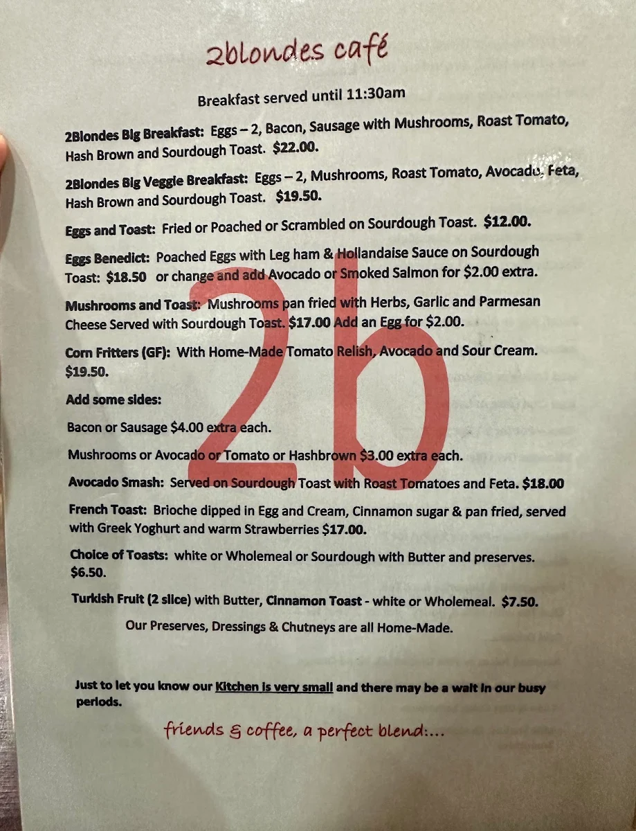 Menu, 2 Blondes Cafe