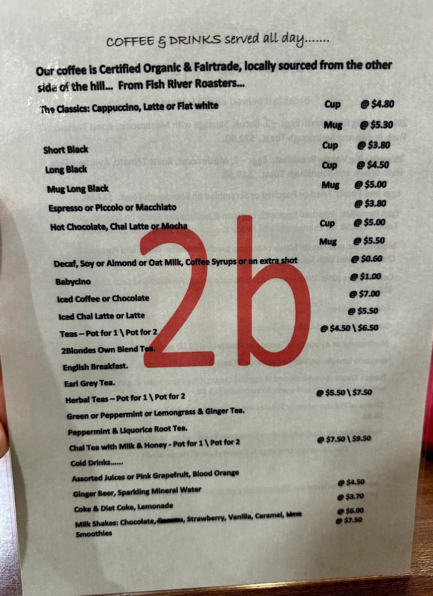 Menu, 2 Blondes Cafe