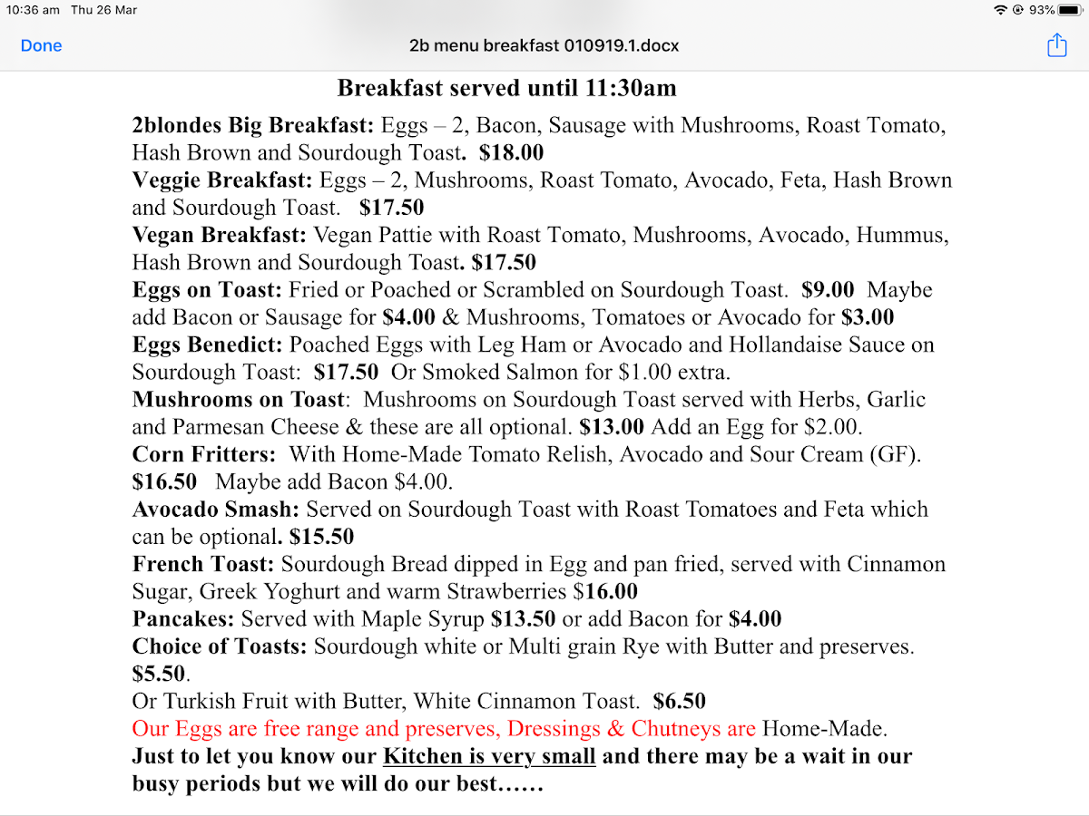 Menu, 2 Blondes Cafe