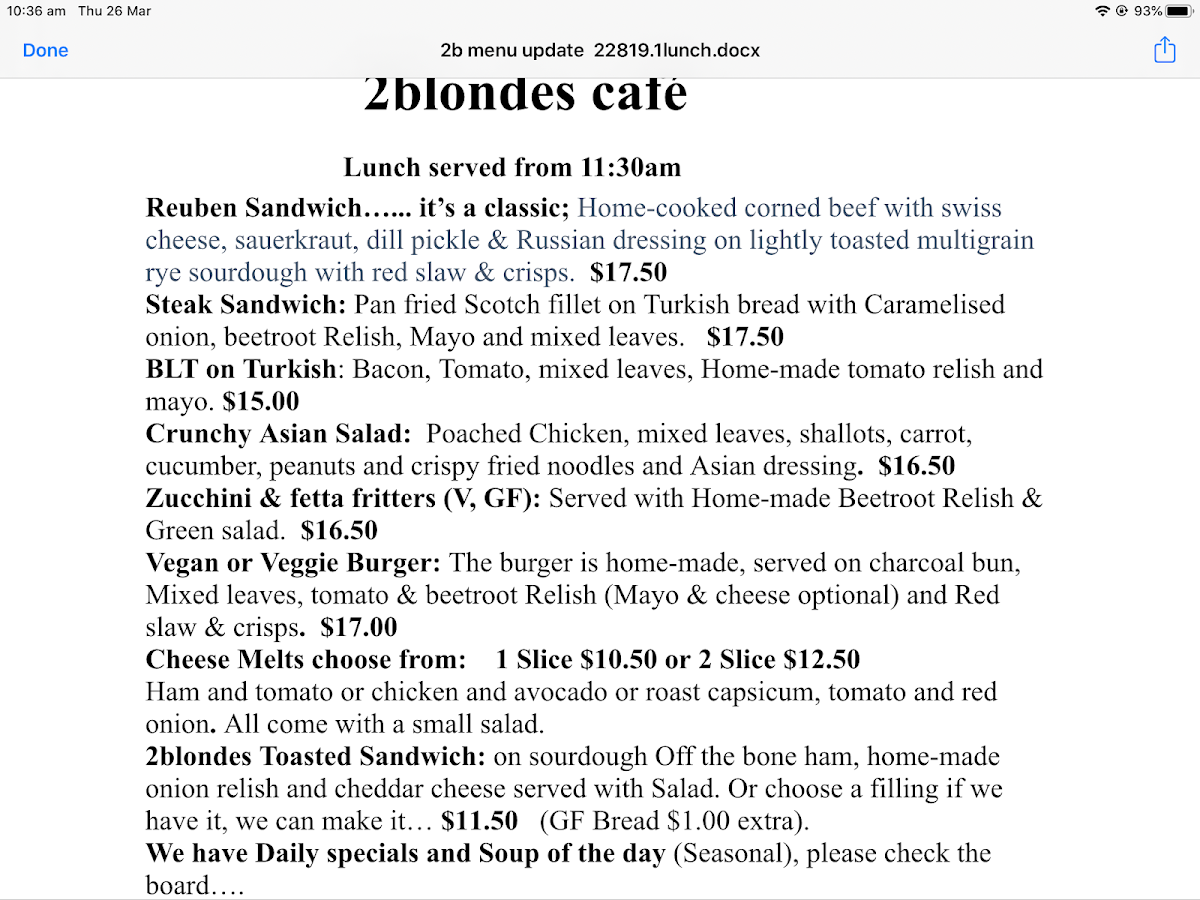 Menu, 2 Blondes Cafe