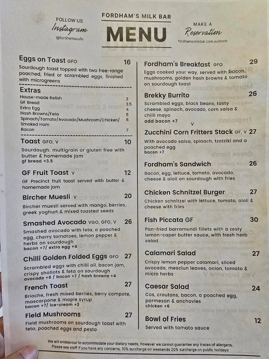 Menu, Fordham’s Milk Bar