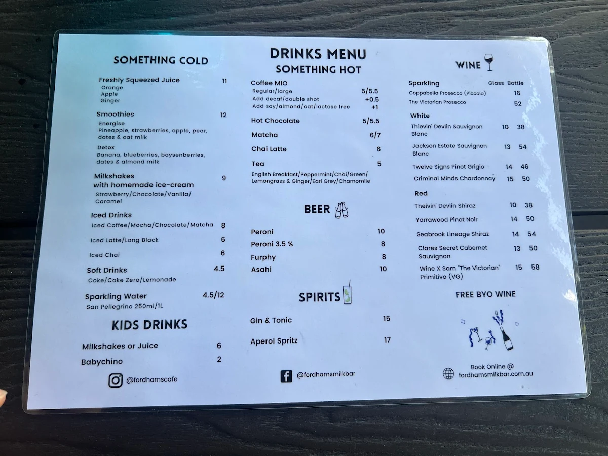Menu, Fordham’s Milk Bar