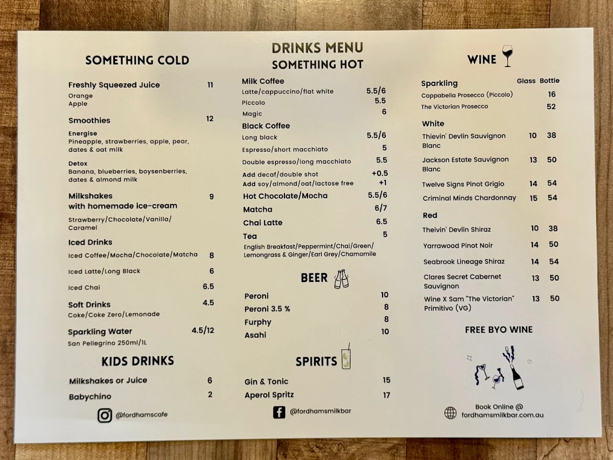 Menu, Fordham’s Milk Bar