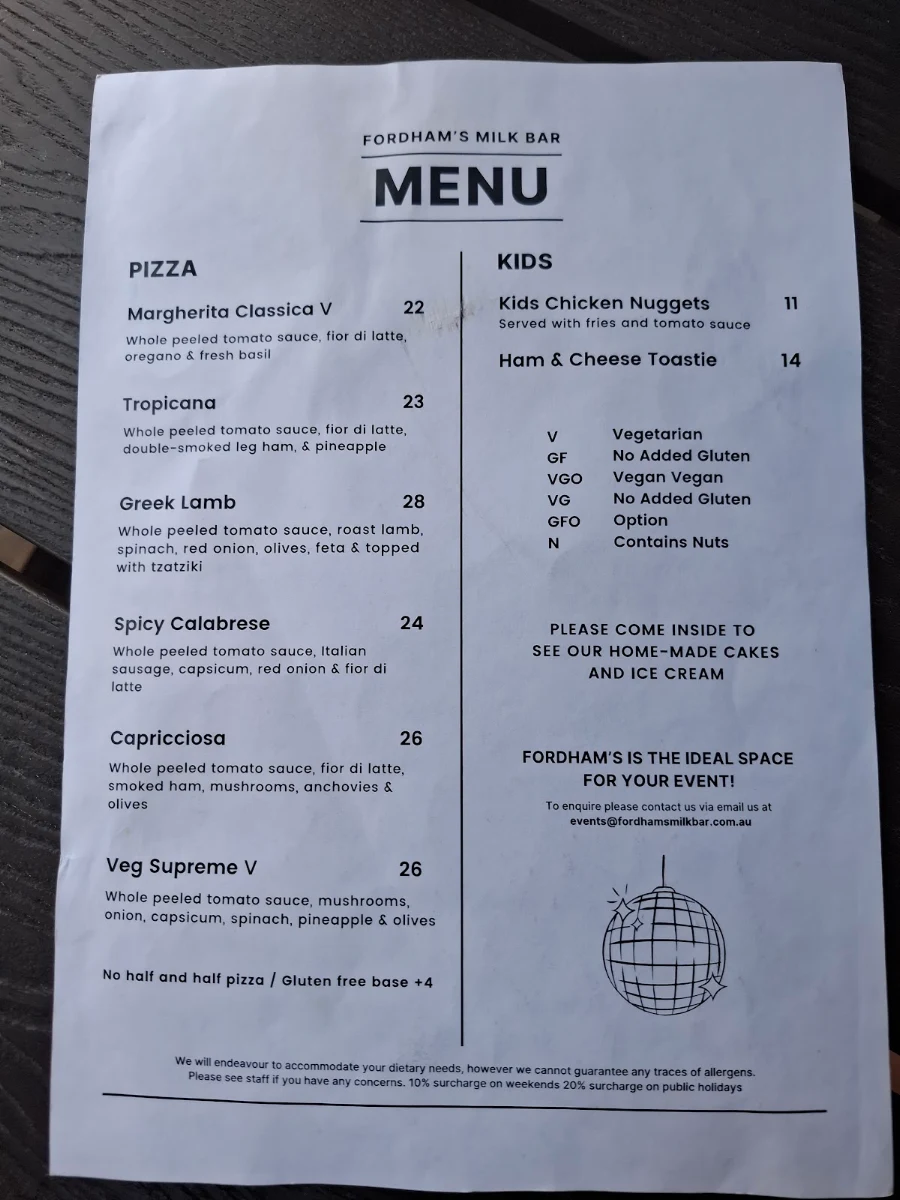 Menu, Fordham’s Milk Bar