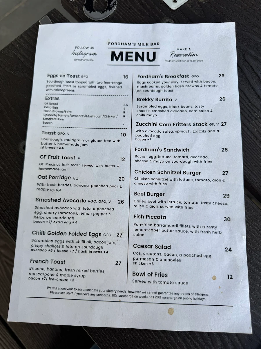 Menu, Fordham’s Milk Bar