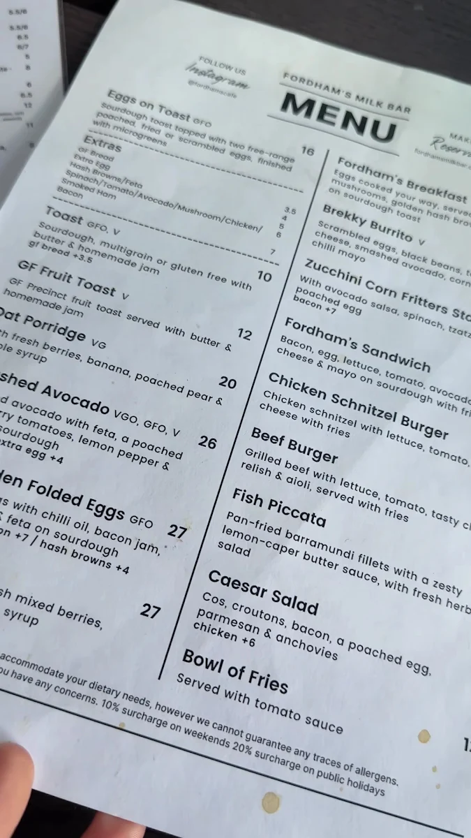 Menu, Fordham’s Milk Bar