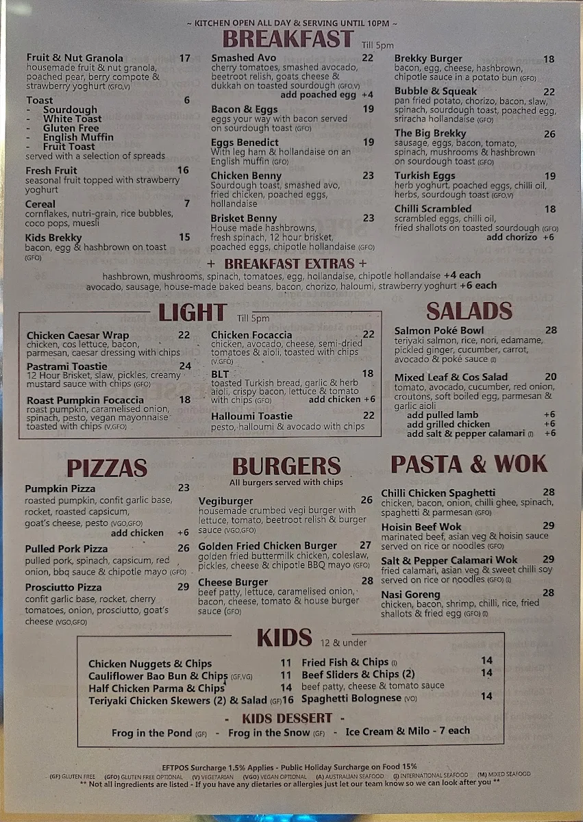 Menu, The Red Lion Ballarat