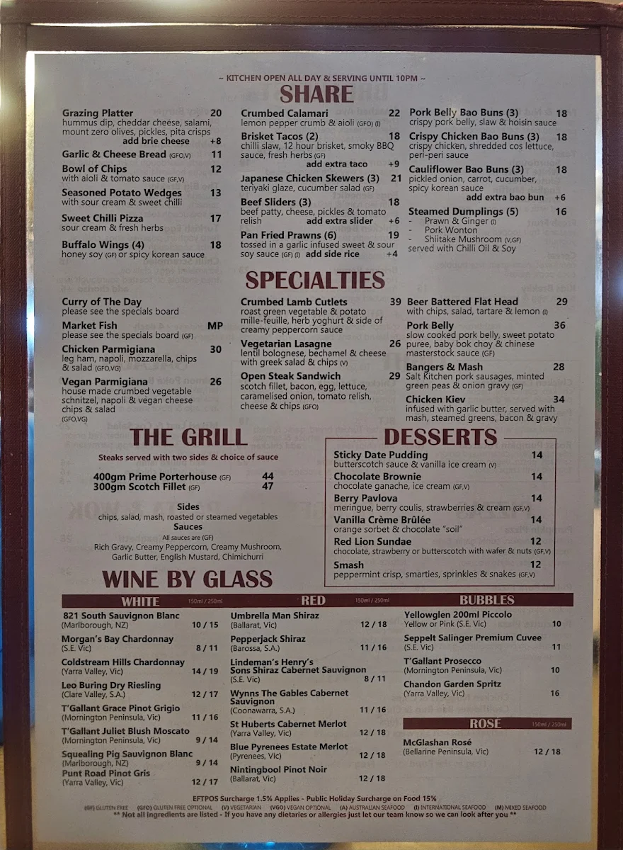 Menu, The Red Lion Ballarat