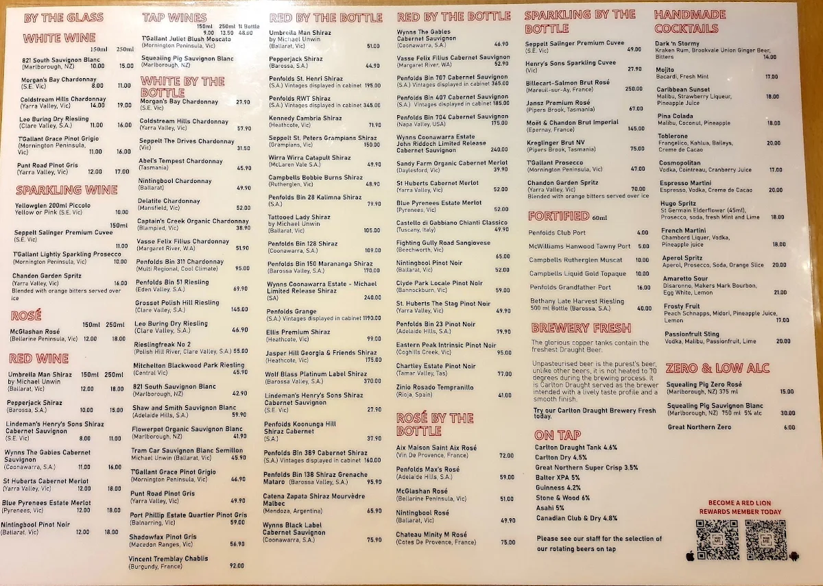 Menu, The Red Lion Ballarat