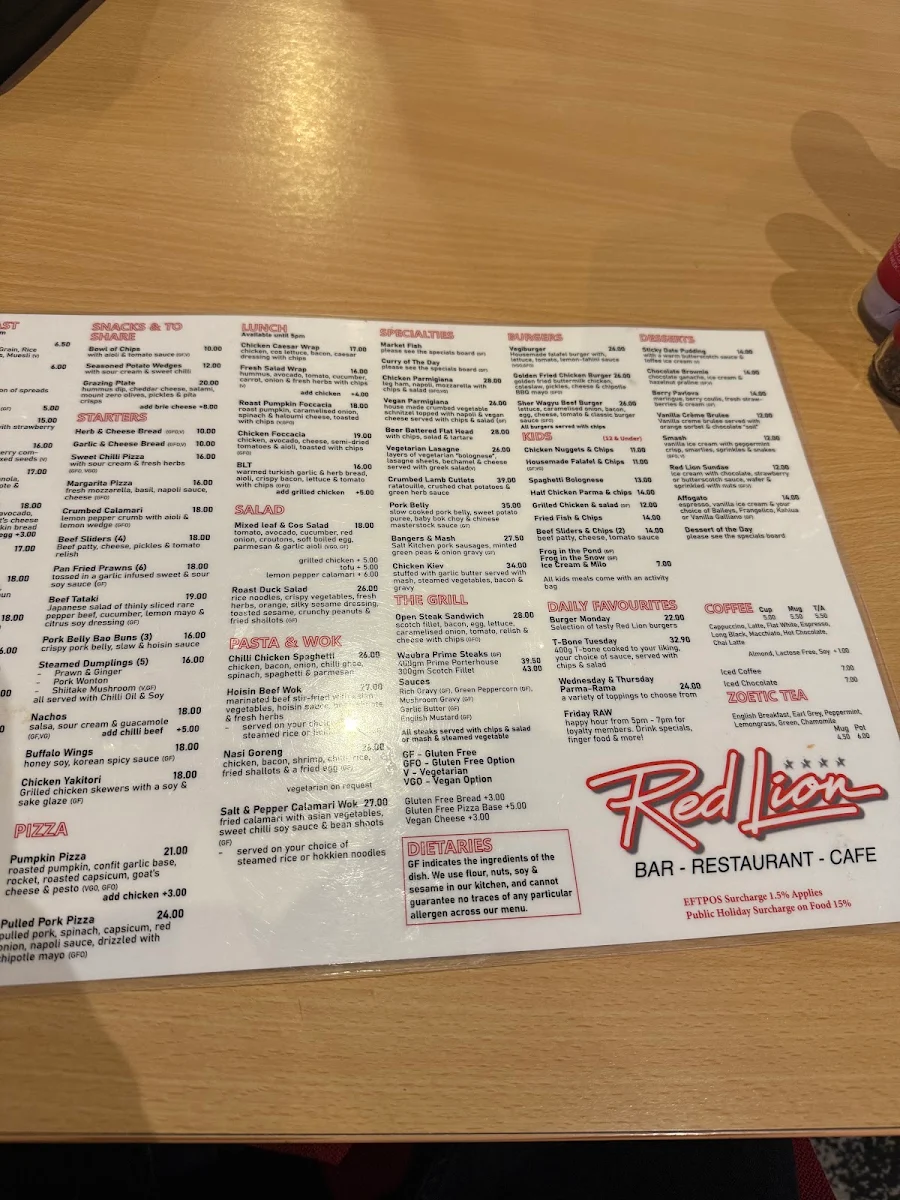 Menu, The Red Lion Ballarat