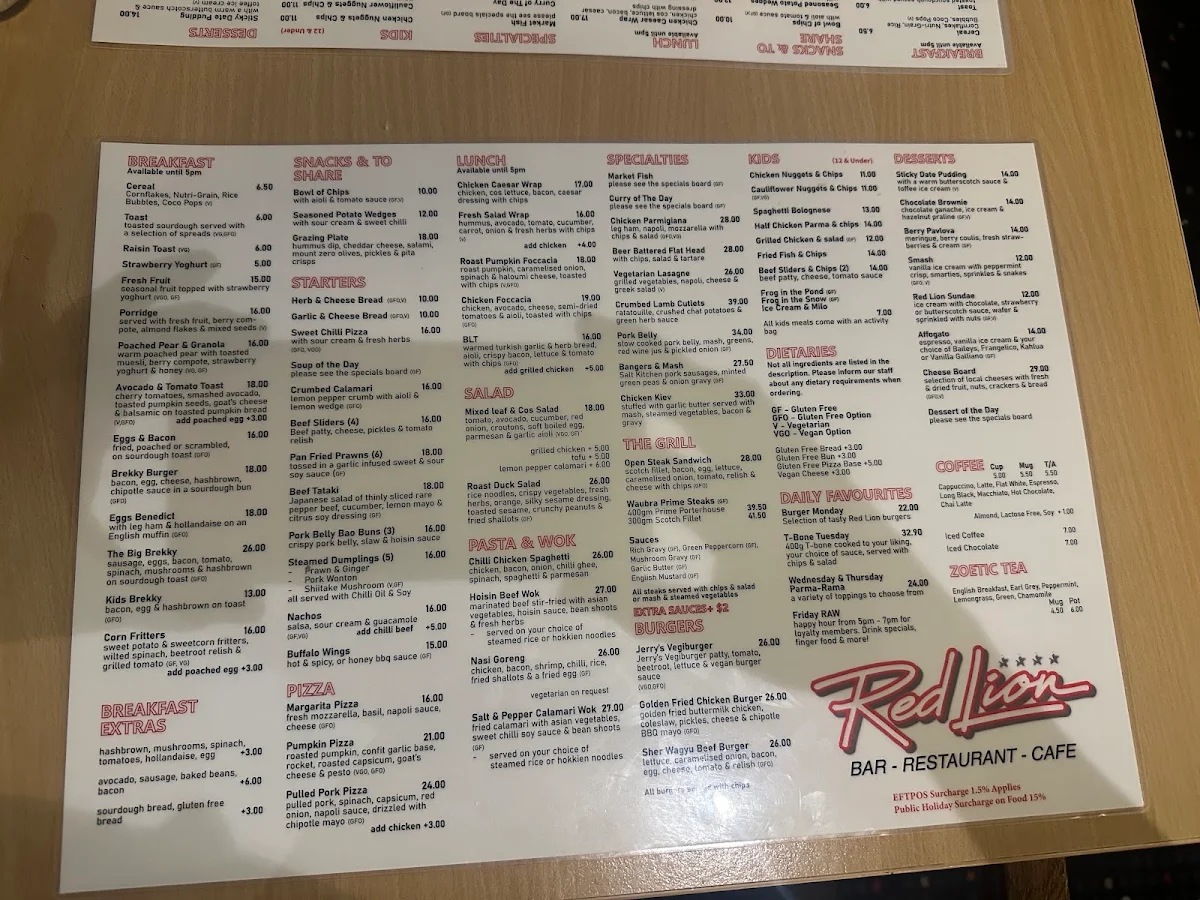 Menu, The Red Lion Ballarat