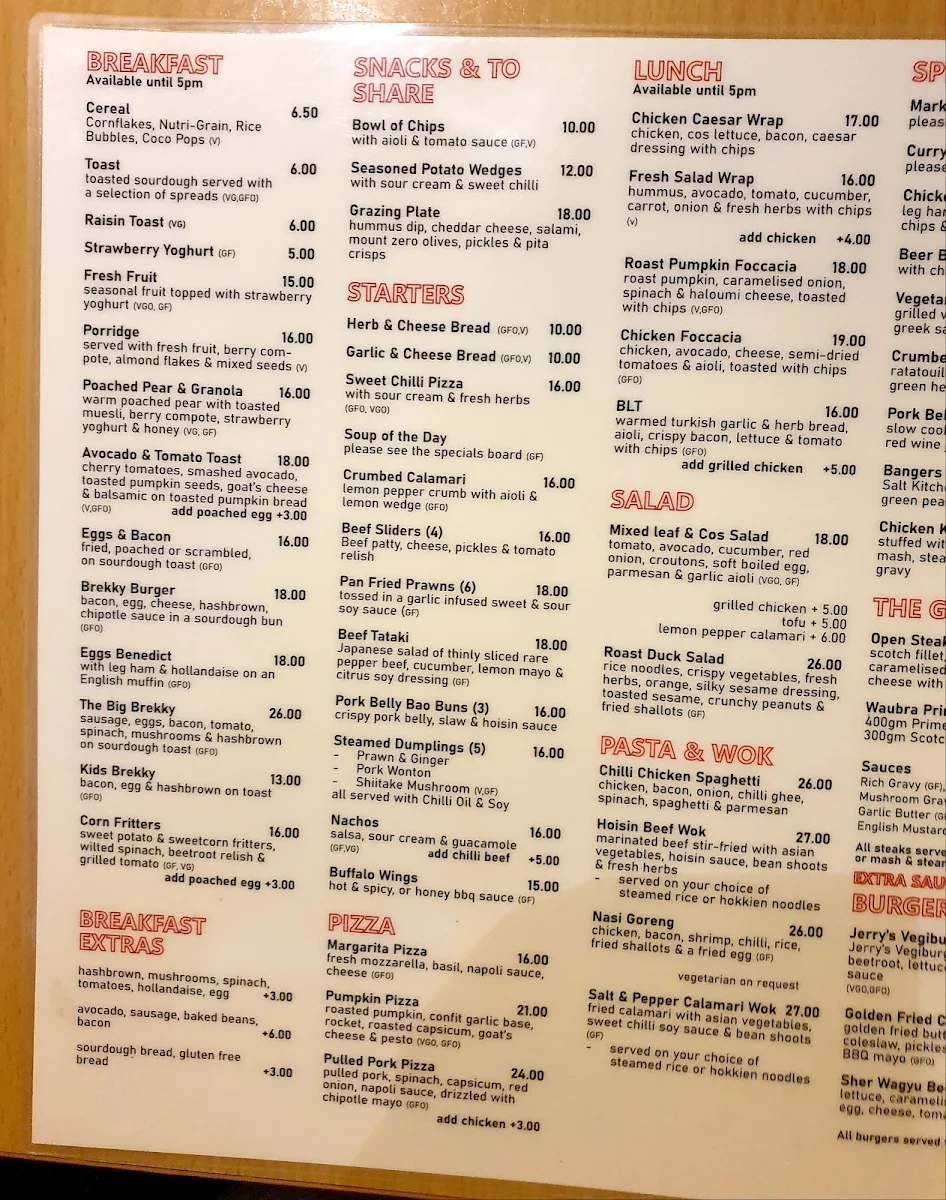 Menu, The Red Lion Ballarat