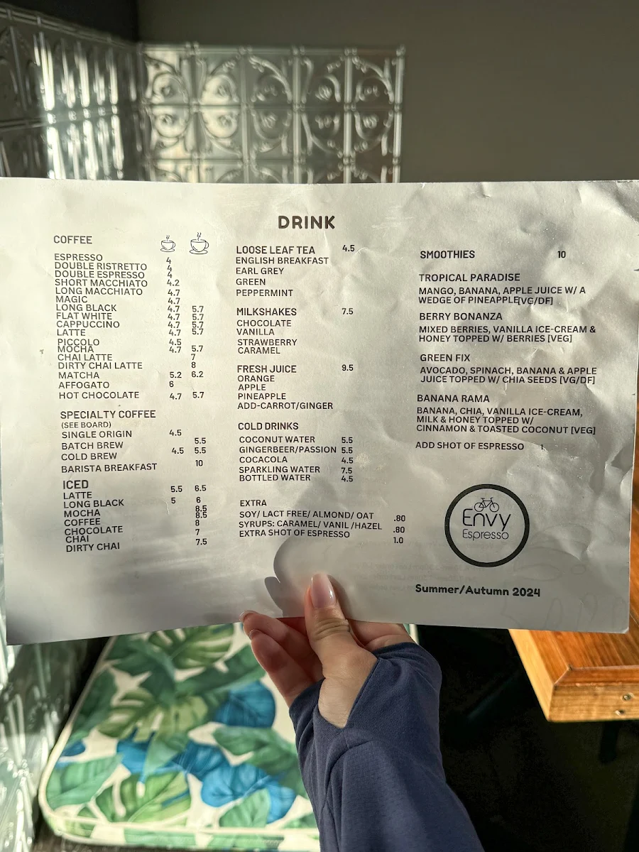 Menu, Envy Espresso