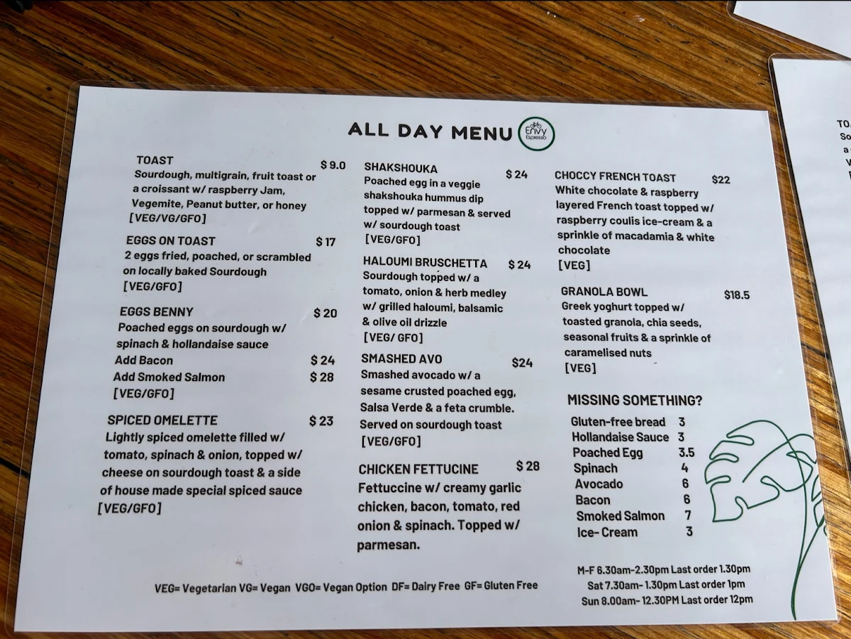 Menu, Envy Espresso