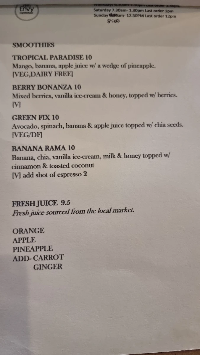 Menu, Envy Espresso