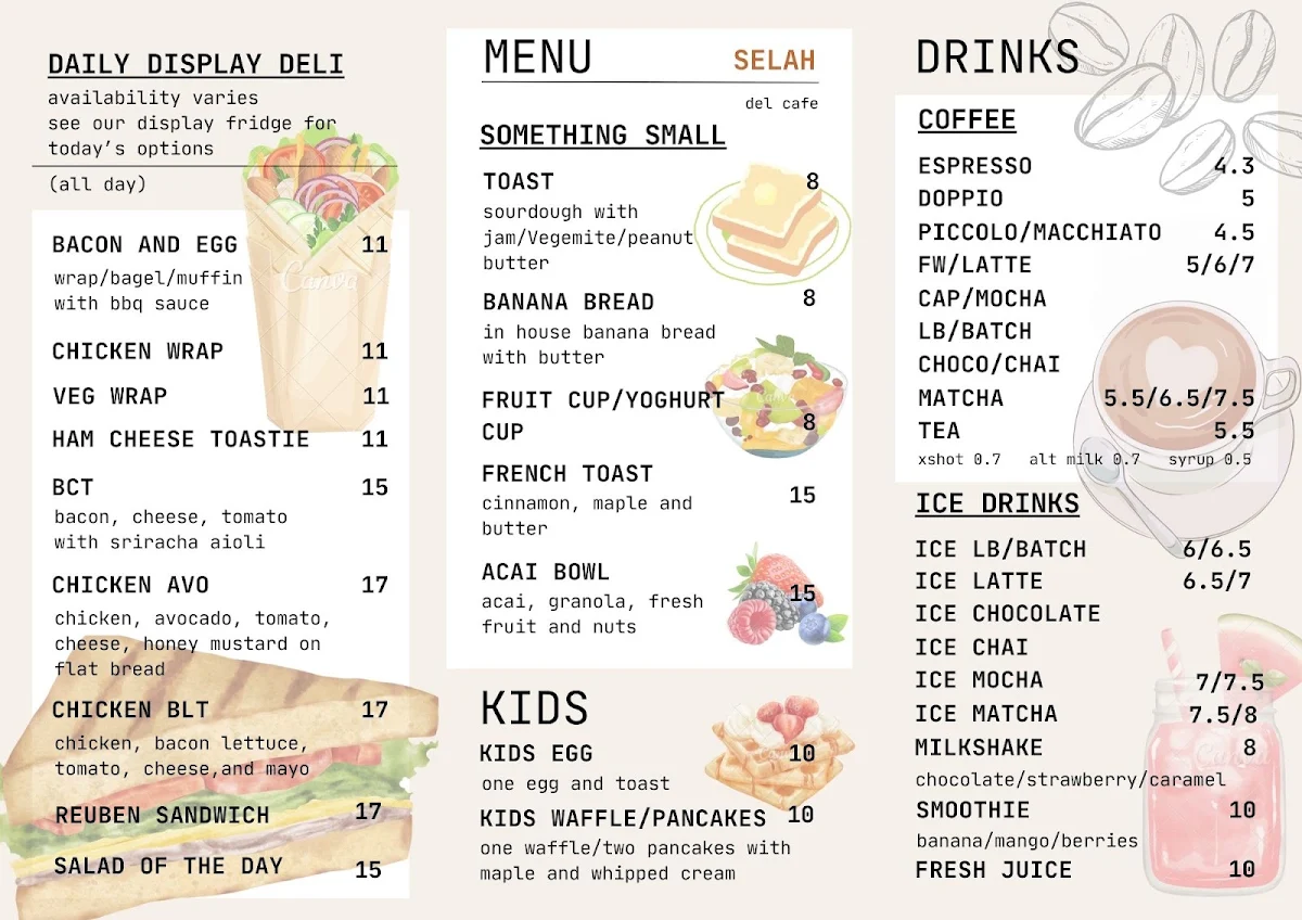 Menu, SELAH cafe