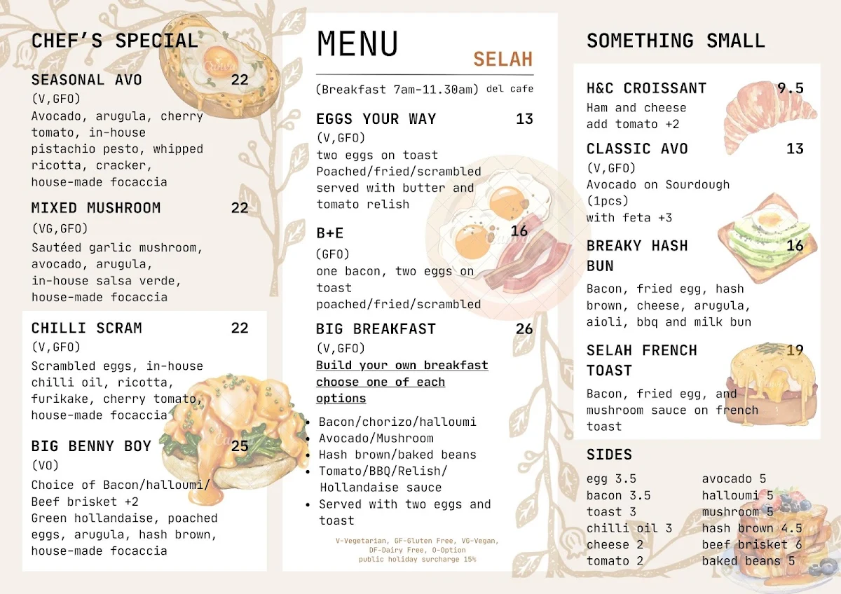 Menu, SELAH cafe