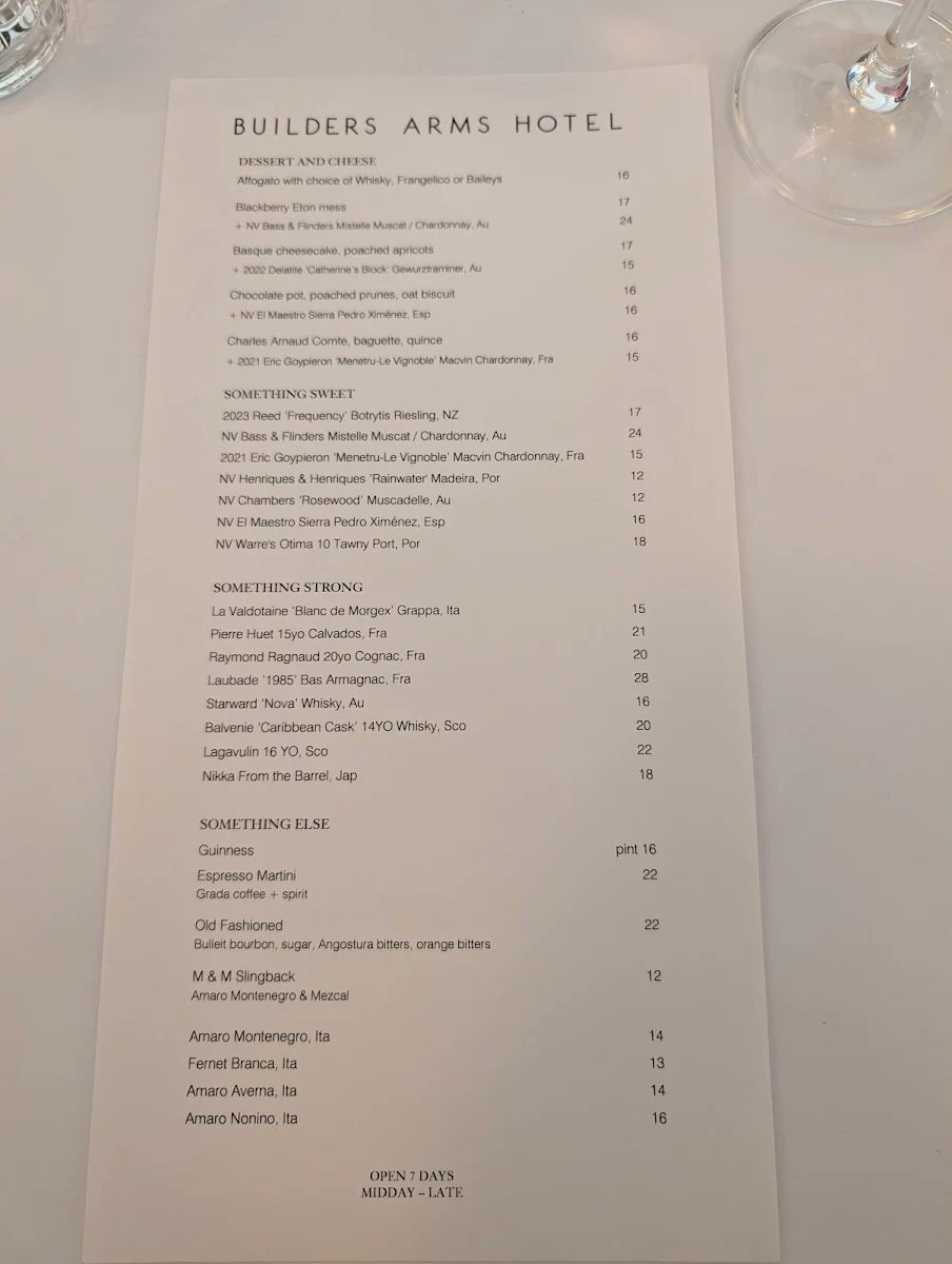 Menu, Builders Arms Hotel
