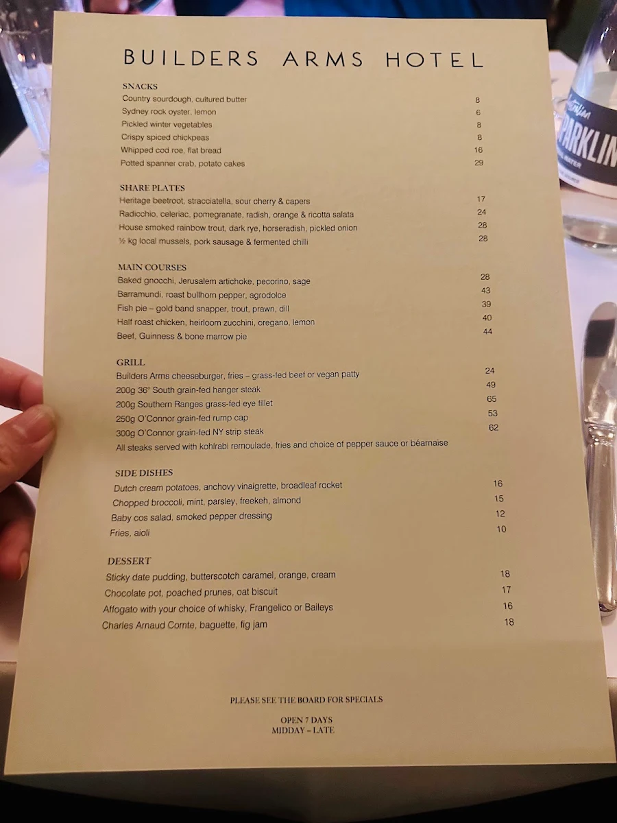 Menu, Builders Arms Hotel