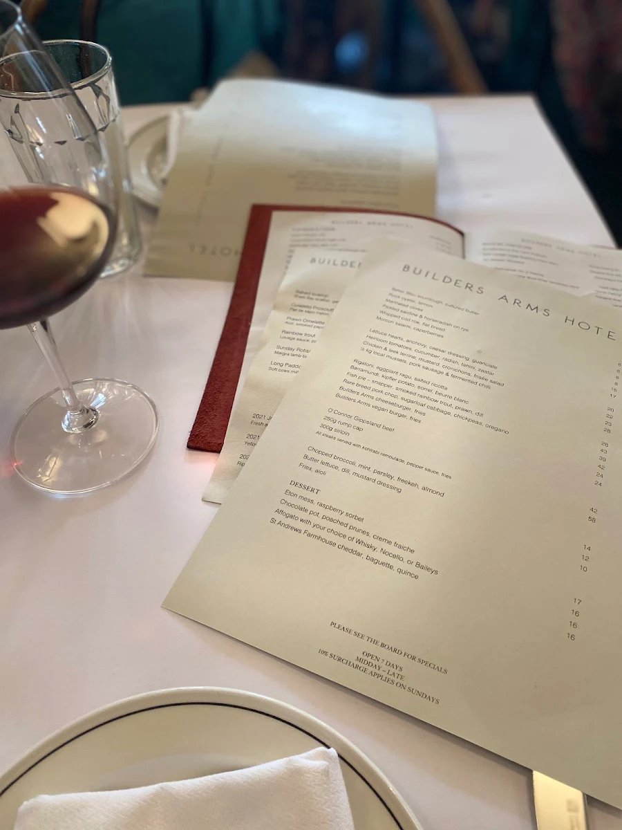 Menu, Builders Arms Hotel
