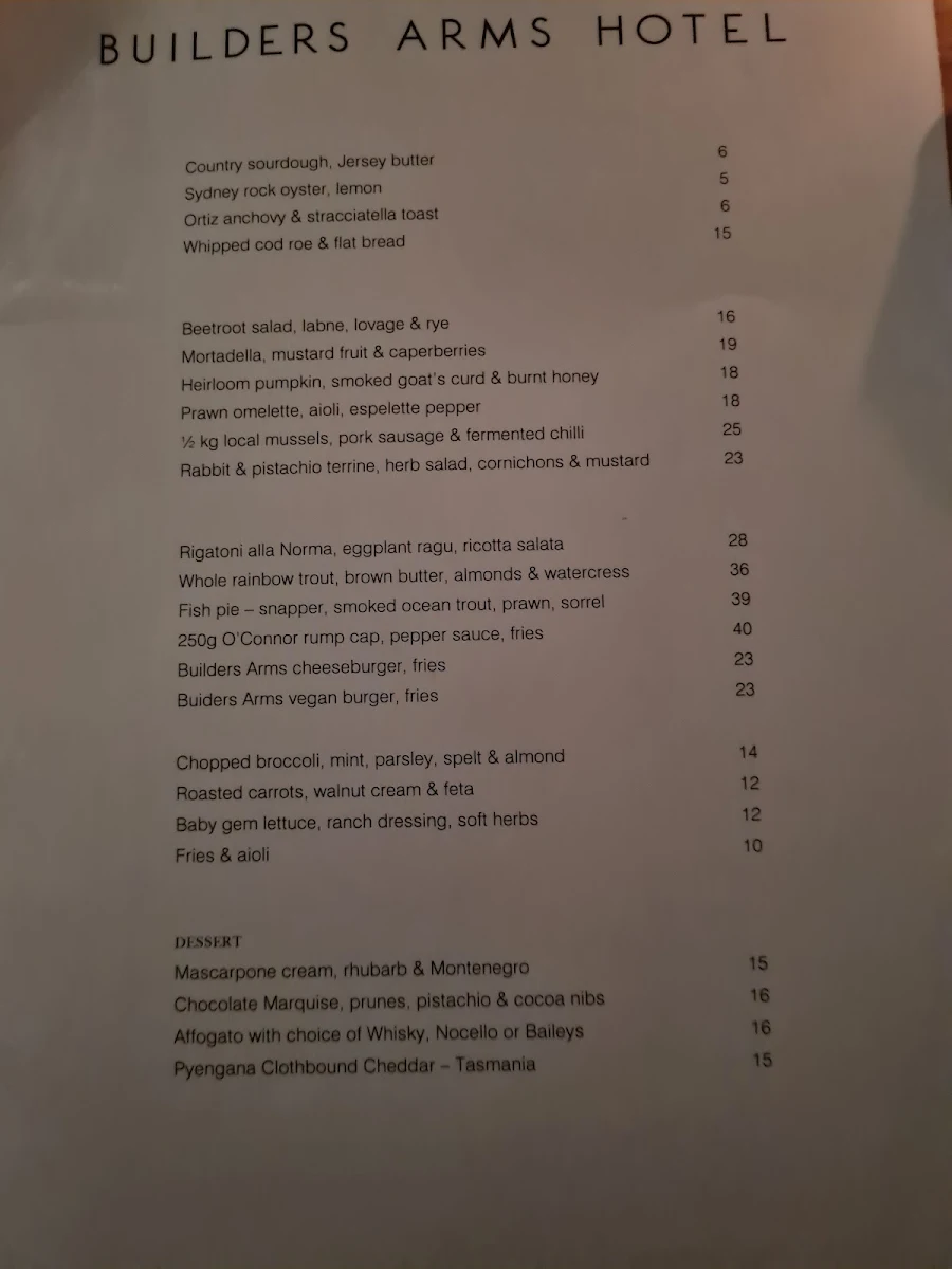 Menu, Builders Arms Hotel