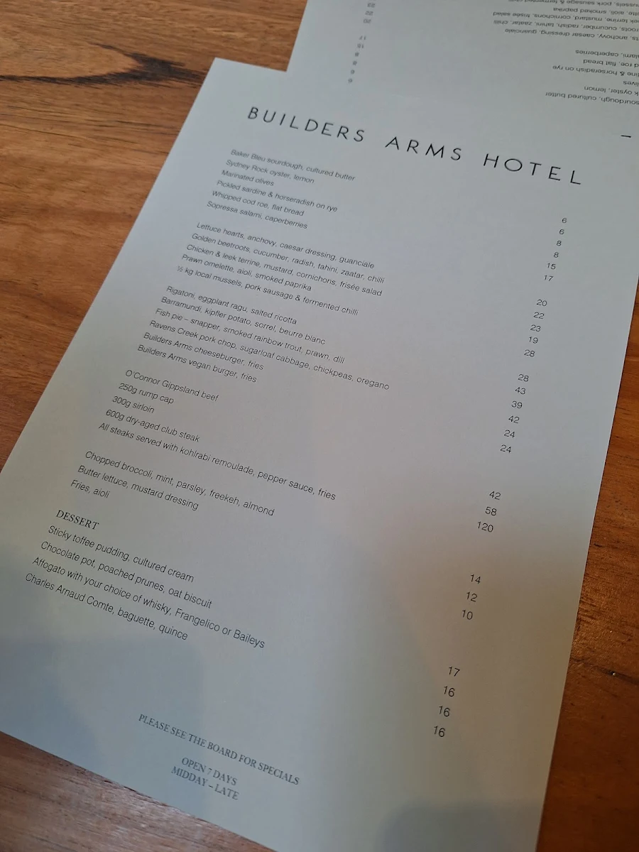 Menu, Builders Arms Hotel