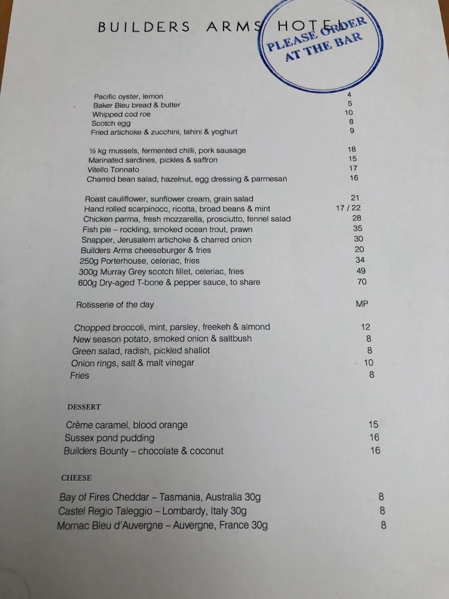 Menu, Builders Arms Hotel