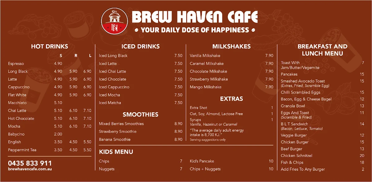 Menu, Brew Haven Cafe
