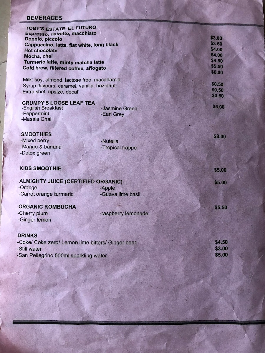 Menu, The Grumpy Barista