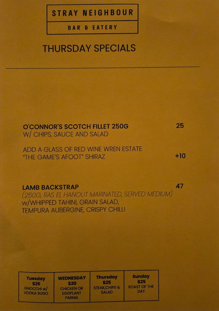 Menu, Stray Neighbour Restaurant & Bar Preston