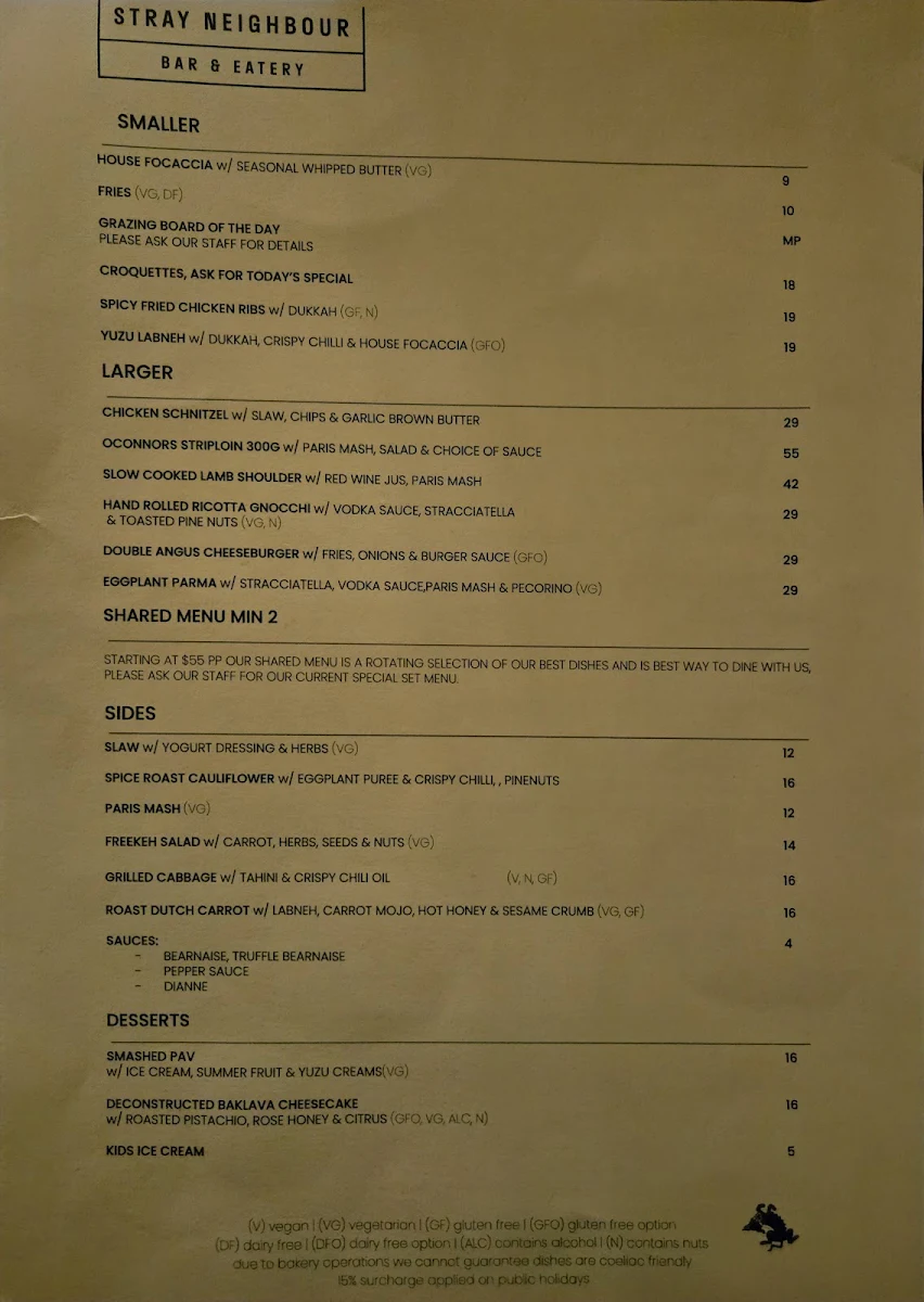 Menu, Stray Neighbour Restaurant & Bar Preston