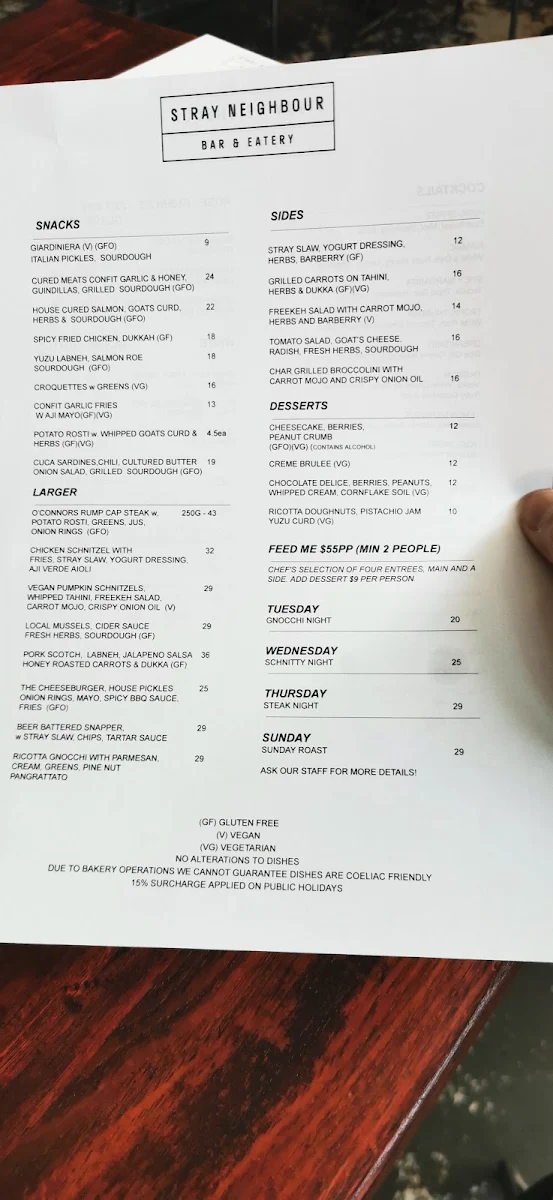 Menu, Stray Neighbour Restaurant & Bar Preston