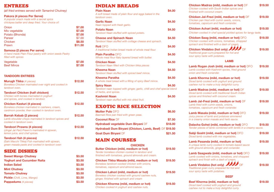 Menu, Mystic India - Indian Restaurant
