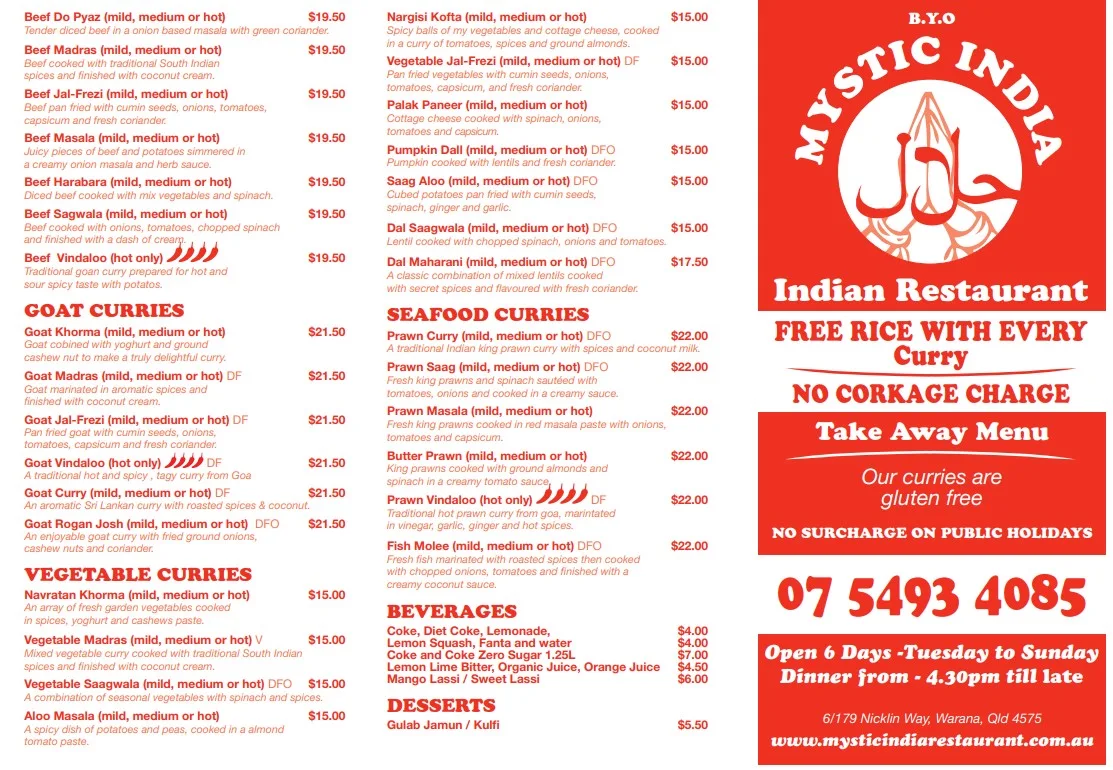 Menu, Mystic India - Indian Restaurant
