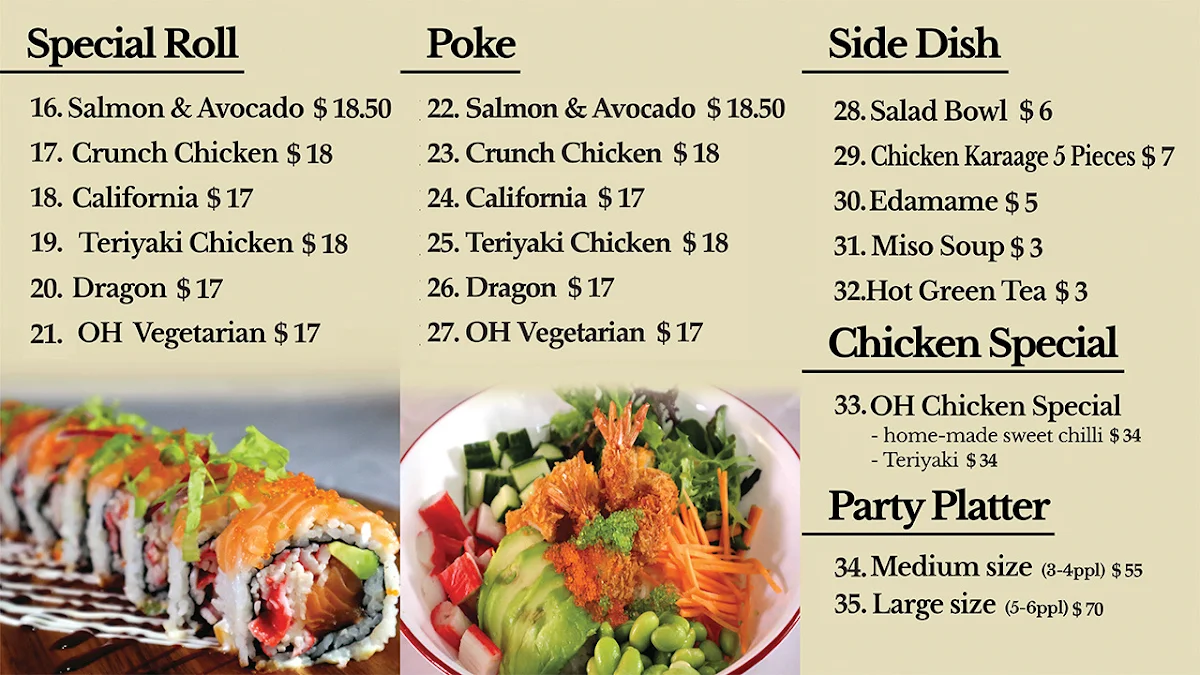Menu, Oh Sushi