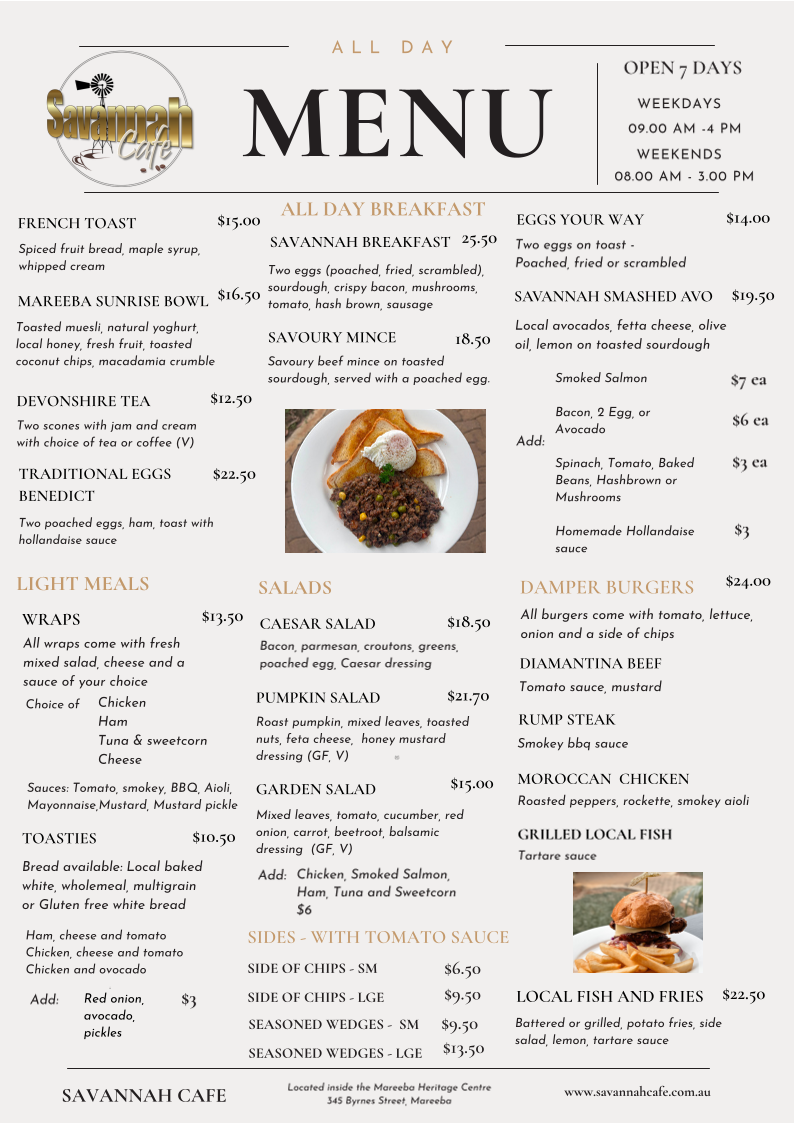 Menu, Savannah Cafe