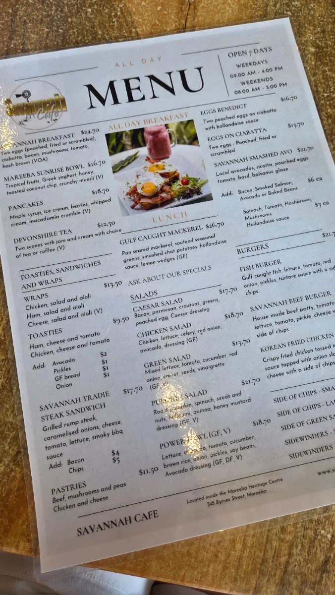 Menu, Savannah Cafe