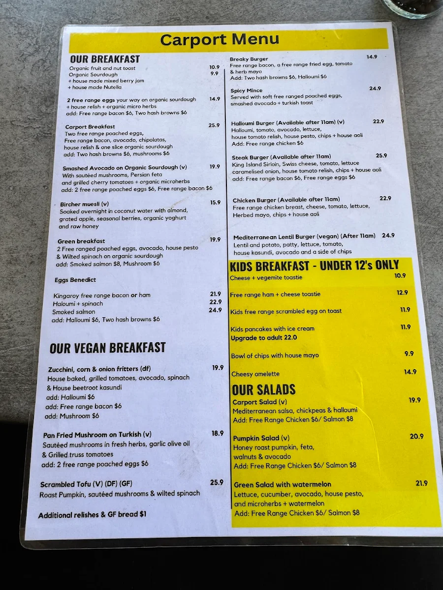 Menu, Carport CAFE