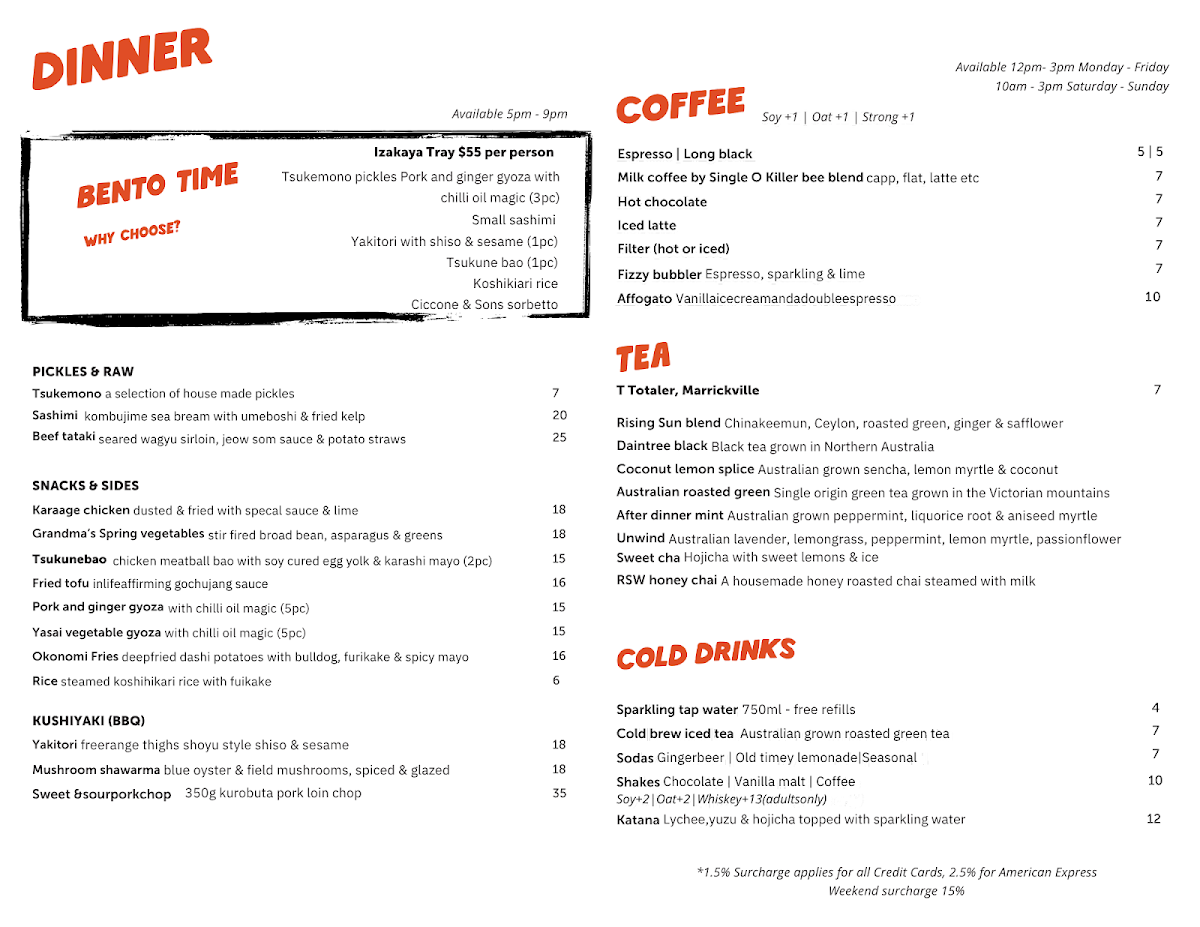 Menu, Rising Sun Workshop