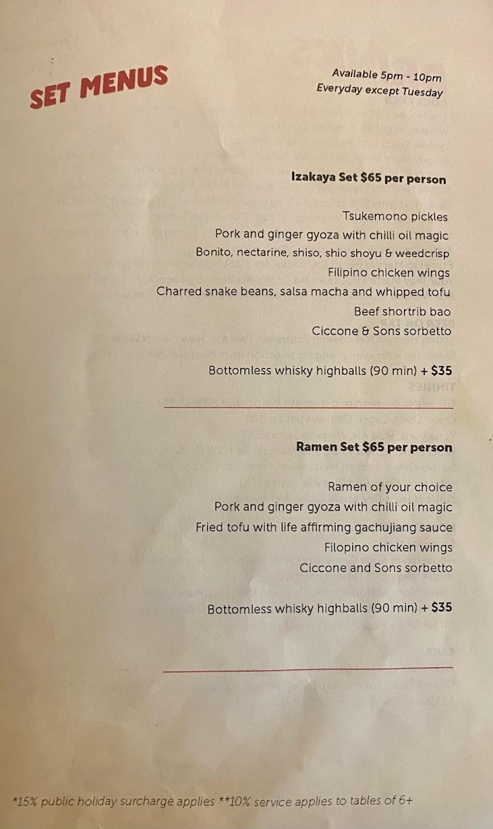 Menu, Rising Sun Workshop